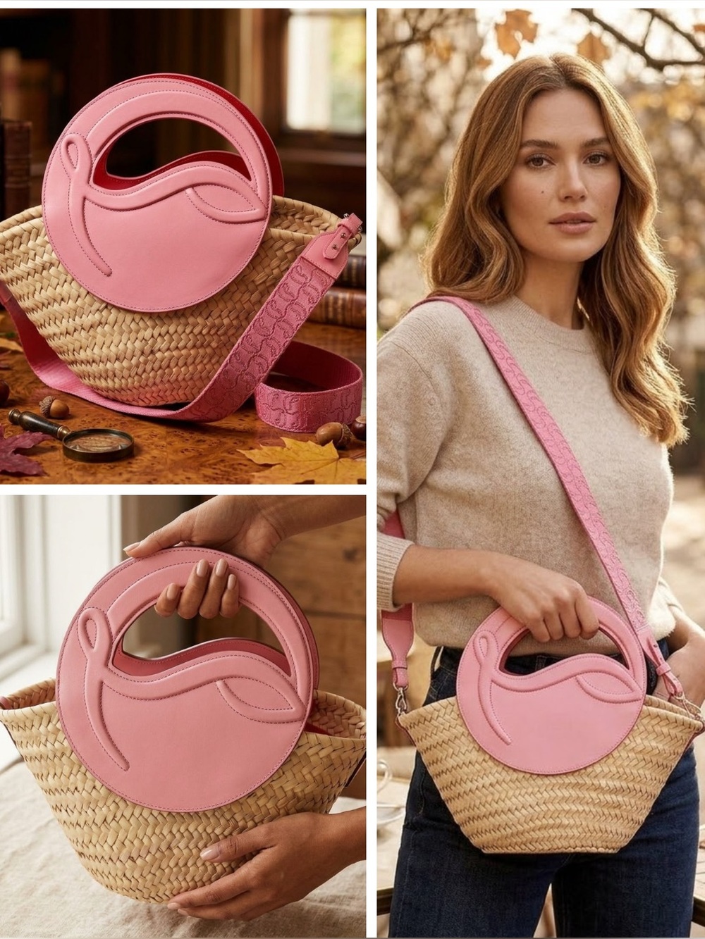 Christian Louboutin Loubishore Pink Leather Straw Basket Tote Bag Strap - Picture 12 of 12